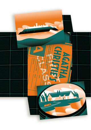 Open folder for Agatha Christie's England, a map and guide, showing a ticket-style card and illustrated cards of a ship and an English village, on a transparent background.