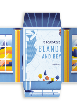 Open blue packaging for Blandings And Beyond, illustrated with a country house window scene and classical columns, revealing the guide's cover showing a cocktail glass and a map.
