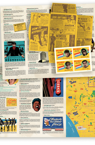 Overview of the Boss Angeles guide, showing spreads listing LA rock 'n' roll landmarks, illustrated DJ trading cards, and a map of Los Angeles, on a transparent background.