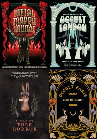 Collection of four Herb Lester Associates guide covers: Metal Mappa Mundi, Occult London, Woodlands Dark and Days Bewitched (A Map of Folk Horror), and Occult Paris: City of Night.