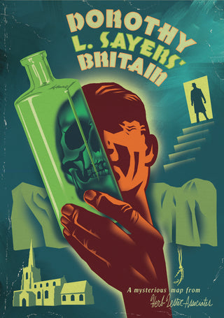 Cover of 'Dorothy L. Sayers' Britain', published by Herb Lester Associates, showing a hand holding a green bottle with a skull visible through the glass, a silhouetted figure in a doorway, and a church in the background.