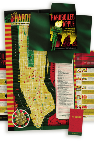 Overview of The Hardboiled Apple guide, showing the cover, a map of Manhattan marking crime and suspense fiction locations, and a 'Confidential' notepad insert.