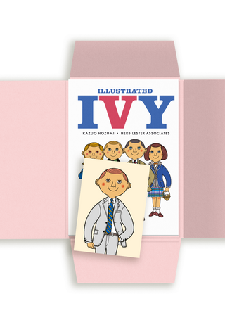 Open folder for Illustrated Ivy by Kazuo Hozumi, published by Herb Lester Associates, featuring illustrations of preppy-style figures, with an additional card of a man in a suit layered on top.