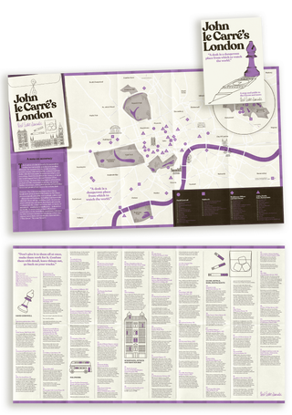 Overview of the John le Carré's London guide, showing the folder, cover, unfolded map of central London marking le Carré-related locations, and an inside spread with entries on David Cornwell and 'fieldwork'.