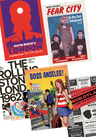 Collection of music-themed guide covers from Herb Lester Associates, including David Bowie's London, Fear City: The New York Underground, The Rolling Stones London 1962, Boss Angeles! and Bob Dylan New York Revisited.