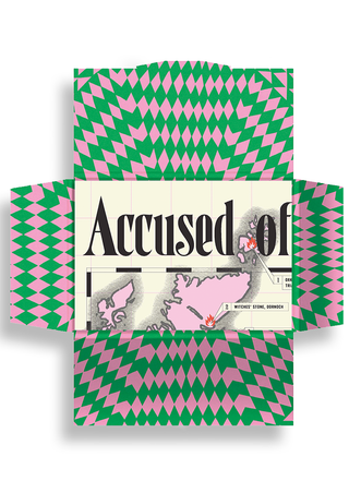 Open pink and green diamond-patterned packaging for Accused!, revealing the guide's title page with a cream grid background and an illustrated map of Scotland marking sites including Orkney and the Witches' Stone, Dornoch.