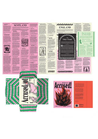 Overview of Accused!, a guide to Britain's dark history from Herb Lester Associates, showing interior text spreads on Scotland and England with entries such as the Orkney Witchcraft Trials and the Witch Wound ritual page, alongside the guide's pink and green diamond-patterned packaging and its black, orange and pink cover.