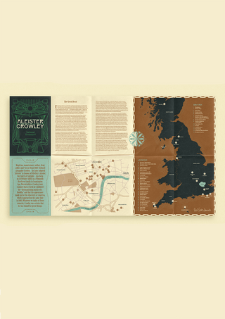 Overview of Aleister Crowley: The Beast In Britain, showing the guide's title page, an introductory panel on Crowley, a central London map with numbered locations, and maps of Britain and London marking sites from Loch Ness to Hastings.