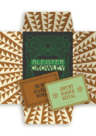 Open brown and cream geometric packaging for Aleister Crowley: The Beast In Britain, revealing the guide's black and green Art Deco-style title page with two postcards, 'Join My Magick Ritual' and 'Be My Scarlet Woman', laid on top.