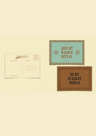 Blank postcard back, and two postcards from the Aleister Crowley set: one reading 'You're invited, join my magick ritual, the Great Beast' with an eye-in-triangle symbol, the other reading 'Be my scarlet woman'.