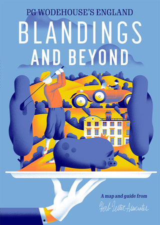 Cover of PG Wodehouse's England: Blandings And Beyond, a map and guide from Herb Lester Associates. Illustration shows a white-gloved hand holding a tray with a golfer, a vintage car, a country house and a pig, against a blue sky.