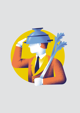 llustration from Blandings And Beyond of a figure lifting a colander like a hat, holding a stick of asparagus over his shoulder, against a yellow circle background."