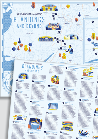 Detail of the Blandings And Beyond map and text spread, showing illustrated buildings across the English Midlands with numbered locations, and entries including Mammoth Publishing Company and Romano's Restaurant.