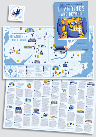 Overview of Blandings And Beyond, showing the guide's cover, a beermat, the full fold-out map with numbered locations across England, and a text spread listing entries including Valley Fields and the Threepwood Flat.