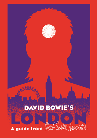 Cover of David Bowie's London, written by Paul Gorman. A red and purple graphic silhouette of Bowie's head with spiked hair and a stylised white sun, above a London skyline including the Eye and Big Ben.