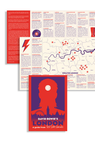 David Bowie's London guide from Herb Lester Associates, shown opened flat with the red and purple cover displaying a graphic silhouette of Bowie's head over the London skyline, alongside interior spreads listing numbered locations across Greater London with a map and descriptive text entries.