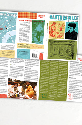 John Simons' London, showing a central London map alongside the front and back cover, a portrait photo, illustrated collage of shirts, ties and shoes, and a line drawing of the John Simons shop front.