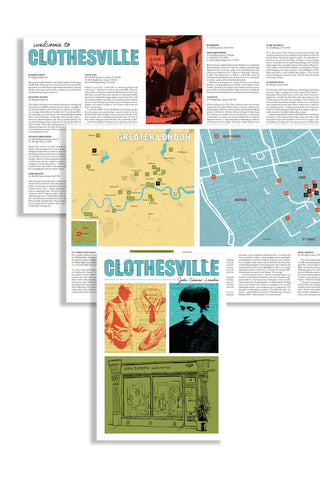 Interior spreads of Clothesville: John Simons' London, showing the welcome page, maps of Greater London and Mayfair/Soho/Marylebone with numbered locations, text entries on shops including Burberry and Hope Brothers, and the guide's cover.