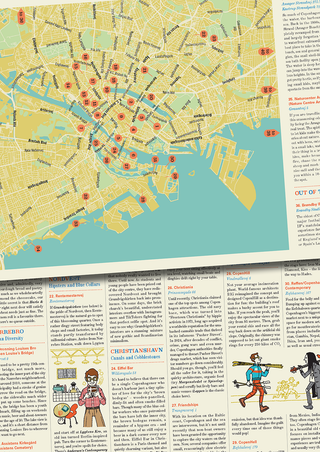 Close-up of an interior map spread from Let Me Tell You About Copenhagen, showing numbered locations across the city in yellow and blue, with text entries on neighbourhoods including Nordvest, Christianshavn and illustrated figures alongside.