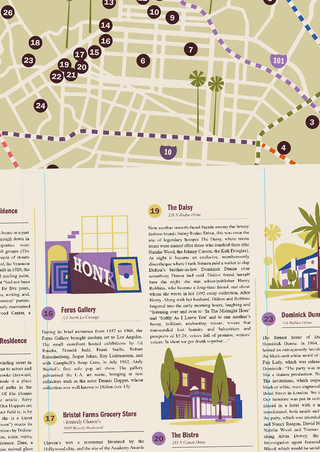 Close-up of an interior spread from Joan Didion's Los Angeles, showing a section of the map with numbered locations alongside text entries including The Daisy, Ferus Gallery, Bristol Farms Grocery Store and The Bistro, illustrated with buildings and palm trees.