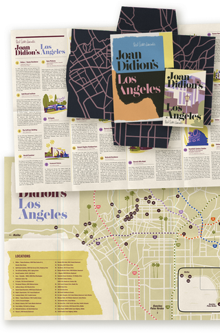 Overview of Joan Didion's Los Angeles, showing the guide's blue, black and orange cover and matching postcard laid over a navy fold-out map with pink road lines, alongside interior spreads with numbered location entries and a locations list.