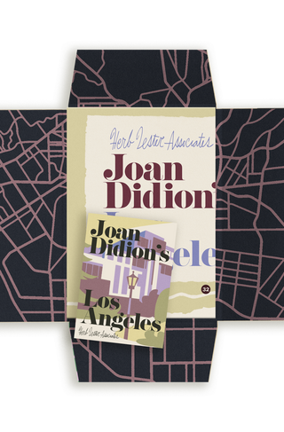 Navy fold-out map for Joan Didion's Los Angeles, opened out to show its pink road line design, with the guide's blue, black and orange cover and matching postcard laid on top."
Filename: 
