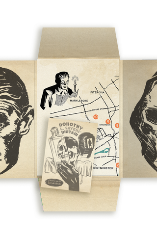 Open folder for Dorothy L. Sayers' Britain, showing the guide's cover laid over a detail of the London map, flanked by two illustrated character portraits printed on the inside of the folder.