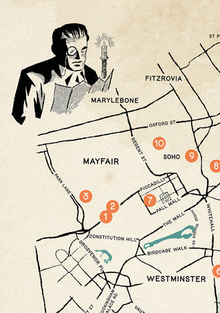 Close-up of the map from Dorothy L. Sayers' Britain, showing a Lord Peter Wimsey illustration alongside a detail of central London covering Mayfair, Marylebone, Fitzrovia, Soho and Westminster, with numbered location markers.