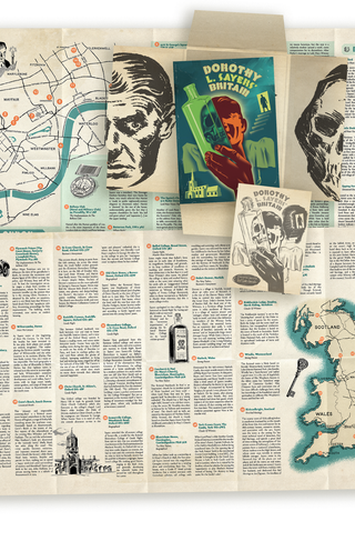 Overview of Dorothy L. Sayers' Britain, showing the fold-out map of London and Britain with numbered locations, text spreads on entries including the Bellona Club and Riddlesdale Lodge, illustrated character portraits, and the guide's cover and folder.