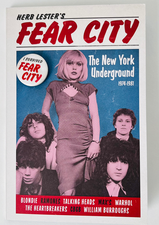 Fear City punk rock New York guide and badge bundle, showing the Blondie cover artwork with the 'I Survived Fear City' pin badge in the top corner, against a plain background.