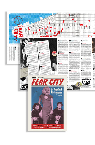 Fear City underground New York guide laid out flat, showing the fold-out Manhattan street map with numbered punk and new wave landmarks in red, interior text spreads on CBGB and the Ramones, and the Blondie cover artwork.