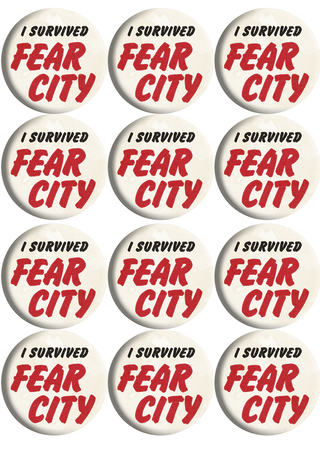 Grid of twelve 'I Survived Fear City' pin badges in cream with red and black text, laid flat in rows.