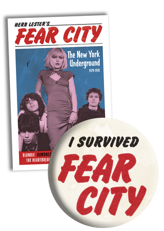 Fear City New York underground guide propped beside a single 'I Survived Fear City' pin badge in cream with red and black text.