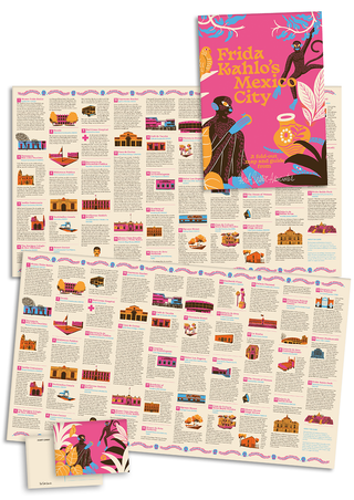 Overview of Frida Kahlo's Mexico City, showing the guide's cover, a postcard, and interior spreads with illustrated entries on locations including Museo Frida Kahlo, Casa de Cortes and the Palacio Nacional.