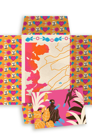 Open packaging for Frida Kahlo's Mexico City, printed with a skull, rose and heart pattern in orange, pink and blue, revealing a map detail in orange and pink with a postcard from the guide laid on top.
