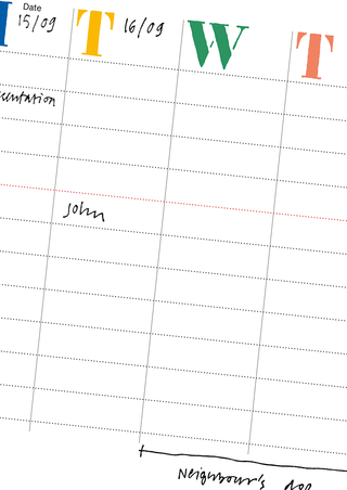 Close-up of a filled-in page from The Herb Lester Weekly planner, showing the Monday to Thursday columns with handwritten notes including 'presentation' and 'John', and a dotted red line marking lunchtime.