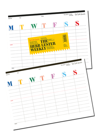 Two blank sheets from The Herb Lester Weekly planner, shown at an angle with the yellow product band overlaid describing it as an A4 weekly planner with 52 undated sheets. 