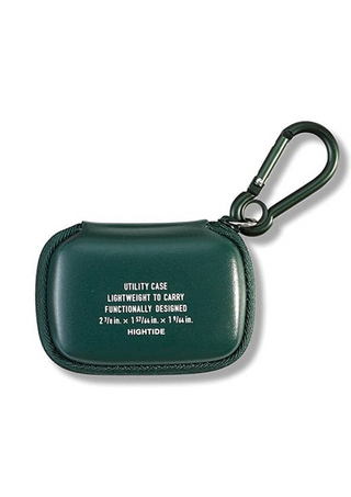 Dark green Hightide utility case with a matching green carabiner clip, printed with white text reading 'Utility Case, lightweight to carry, functionally designed'.