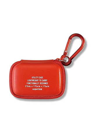 Red Hightide utility case with a matching red carabiner clip, printed with white text reading 'Utility Case, lightweight to carry, functionally designed'.
