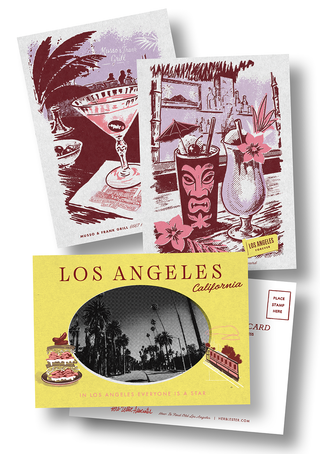 Three postcards from the How To Find Old Los Angeles set: illustrated cards for Musso & Frank Grill and a tropical cocktail scene, and a yellow postcard reading 'Los Angeles, California' with a black-and-white photo of a palm-lined street