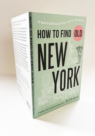 Book-format cover of How To Find Old New York, Yesterday's City Today, shown at an angle with the spine visible, illustrated with a water tower, tenement buildings and a newsstand in pale green, black and pink.