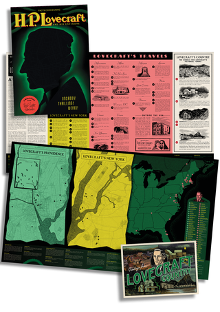 Overview of Facts Concerning H.P. Lovecraft And His Environs, showing the guide's cover with a black silhouette of Lovecraft's head filled with a street map, interior spreads covering his travels and fictional towns including Arkham and Innsmouth, maps of Lovecraft's Providence and New York, and a postcard reading 'Greetings from Lovecraft Country'.