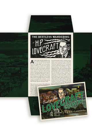 Open dark green packaging for Facts Concerning H.P. Lovecraft And His Environs, revealing an inner spread titled 'The Restless Wandering of H.P. Lovecraft' with a pen-and-ink portrait, and a postcard reading 'Greetings from Lovecraft Country' laid on top.