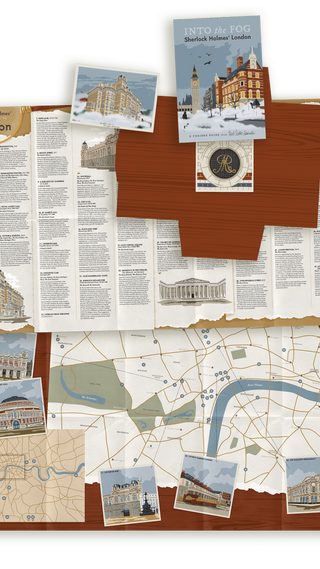 Overview of Into the Fog: Sherlock Holmes' London, showing the guide's cover, a fold-out map of London with numbered locations linked by dotted routes, illustrated London landmarks including the Royal Albert Hall and the British Museum, and torn-paper style text spreads listing entries such as Baker Street, Scotland Yard and the Diogenes Club.