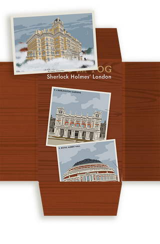 Overview of Into the Fog: Sherlock Holmes' London, showing the guide's open folder, postcard and a section of the guide including the Royal Albert Hall and Burlington Gardens.