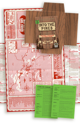 Overview of Into The Pines: An Unauthorised Guide To The Real Locations Of Twin Peaks, published by Herb Lester Associates. Shows the wood-panel cover with mountain and forest illustration, the unfolded pink and red map of North Bend and Snoqualmie, Washington marked with numbered locations, and the green 'A Damn Fine Itinerary' insert cards.