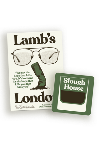 Cover of Lamb's London, a guide to the city of Mick Herron's Slow Horses, shown with the Slough House coaster featuring the dark green glass.