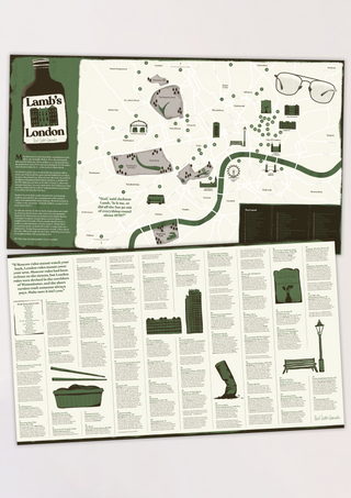 Overview of Lamb's London, showing the fold-out map of London marked with numbered locations from the Slow Horses books and TV series, spanning areas including Regent's Park, Barbican and Battersea Park, alongside a text spread listing entries such as Slough House and Roupell Street.