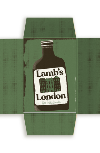 Green packaging for Lamb's London, printed with an illustration of a bottle labelled 'Lamb's London' showing the Slough House building.