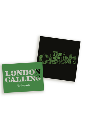 Two cards from the London Calling set: a green card reading 'London Calling, Herb Lester Associates', and a black card with a green graffiti-style stencil design reading 'Clash', built from torn gig-flyer type.